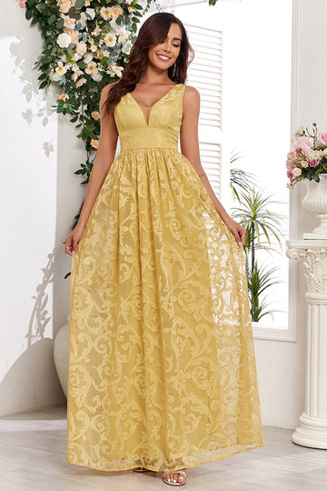 Vestido de fiesta largo amarillo con escote en V y apliques